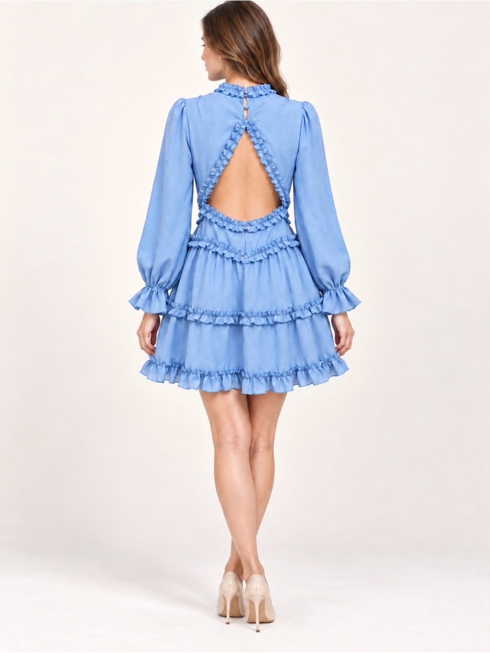 Open-Back Ruffle Tiered Mini Dress - Light Blue size medium